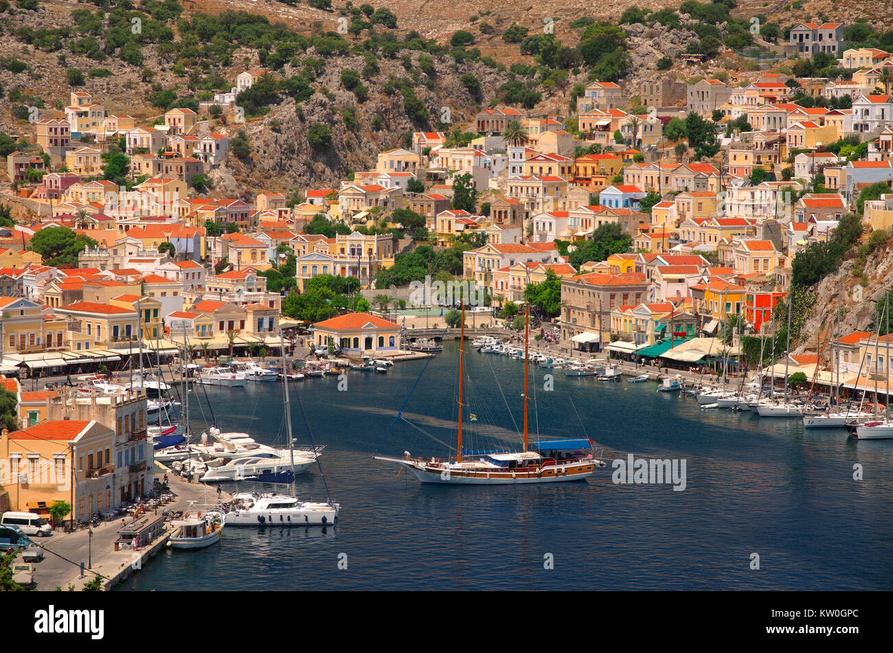Port of Symi, Greek Island of Symi, Aegean Dodecanese Island Group, Greece. Stock Photo