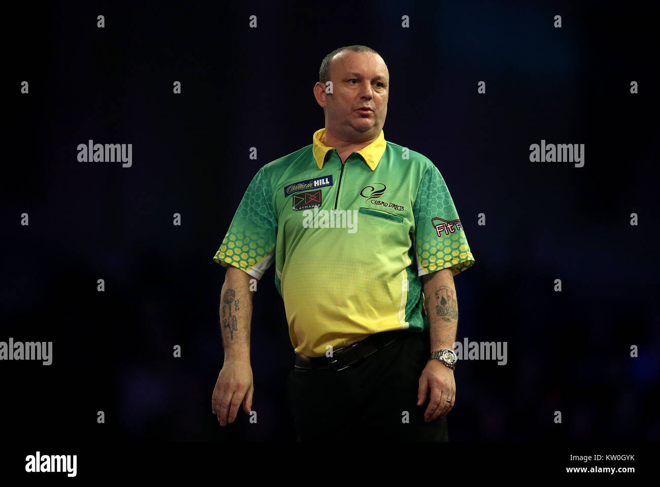 Darren Webster reacts during day twelve of the William Hill World Darts Championship at Alexandra Palace, London. PRESS ASSOCIATION Photo. Picture date: Thursday December 28, 2017. See PA story DARTS World. Photo credit should read: Steven Paston/PA Wire. RESTRICTIONS: Use subject to restrictions. Editorial use only. No commercial use. Stock Photo