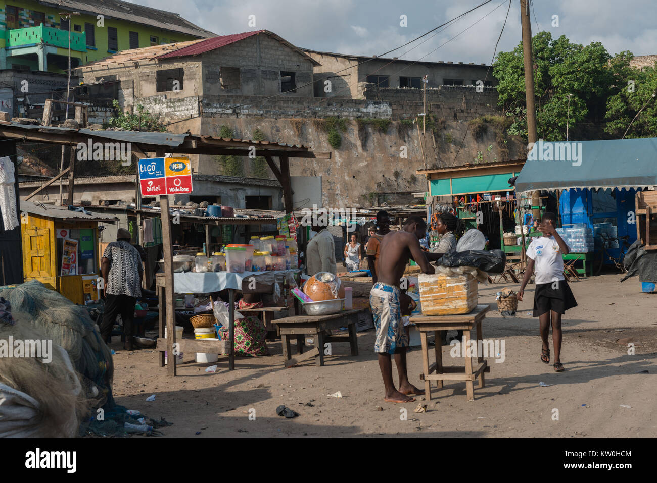 Small shops at Jamestown Fishing Village, Jamestown, Accra, Ghana Stock