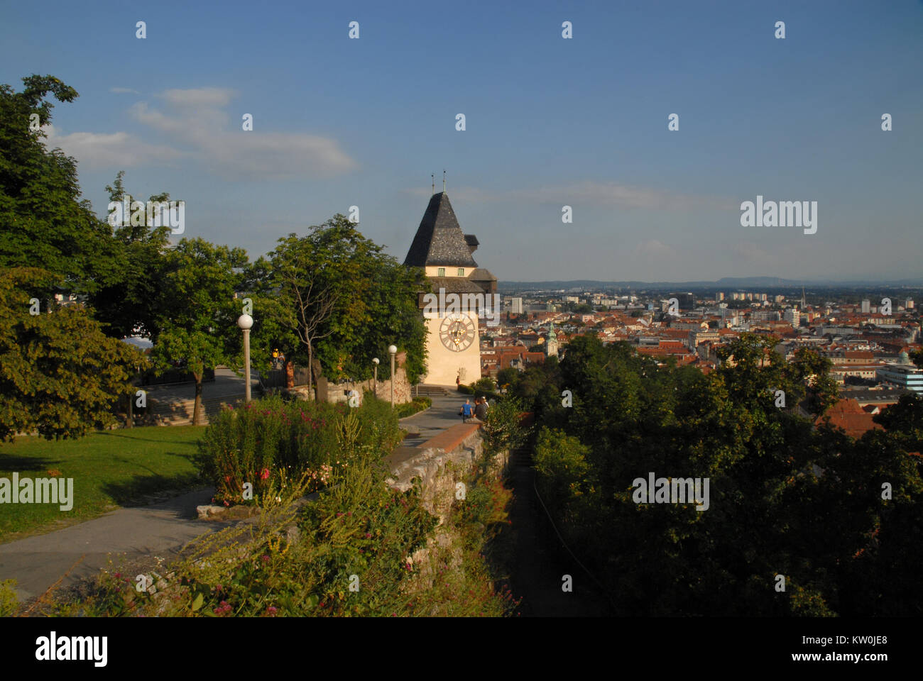 View of Uhrturm and the City of Graz from Schlossberg Stock Photo