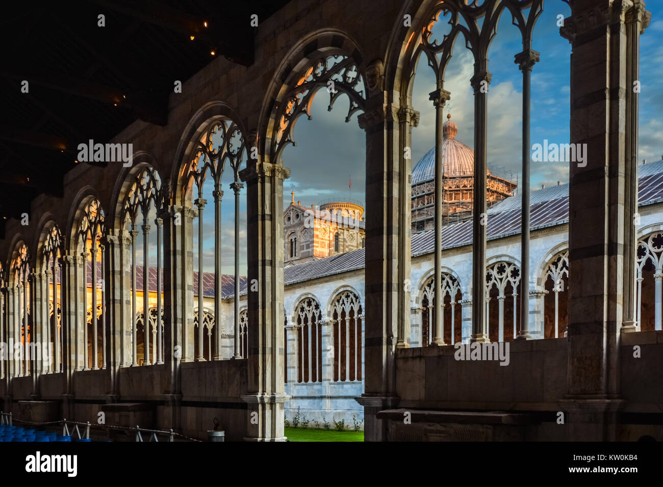 The Camposanto Monumentale in the Square of Miracles in Pisa Italy with the Duomo cathedral in the distance and the Chamber of Relics Stock Photo
