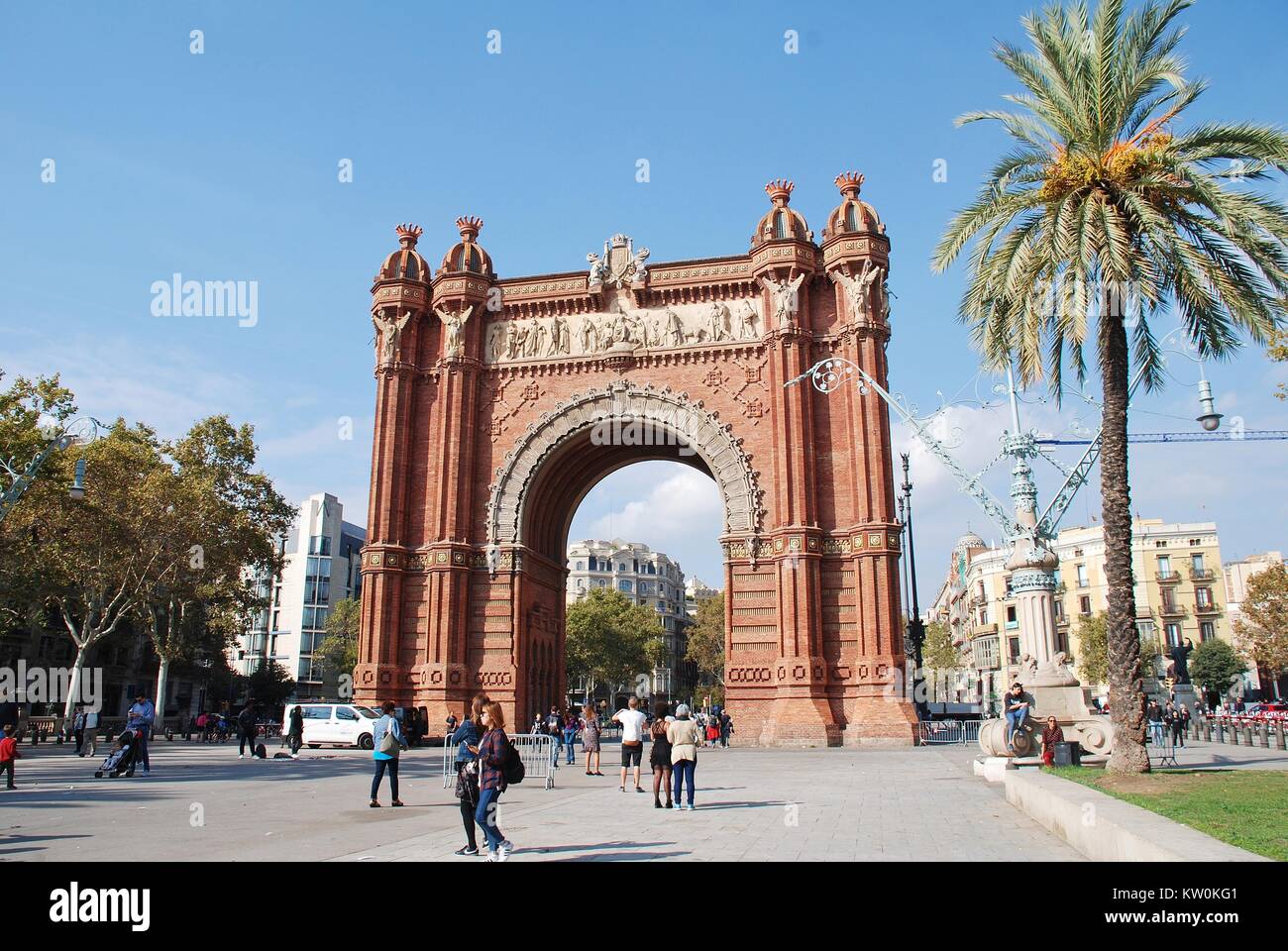 The historic Arc de Triomf in Barcelona, Spain on November 1, 2017. It was built in 1888 as the entrance to the Barcelona World Exposition. Stock Photo
