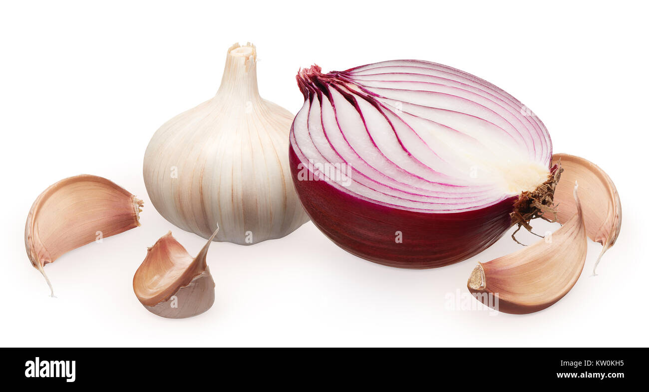 Half of fresh unpeeled red onion and garlic with cloves isolated on ...