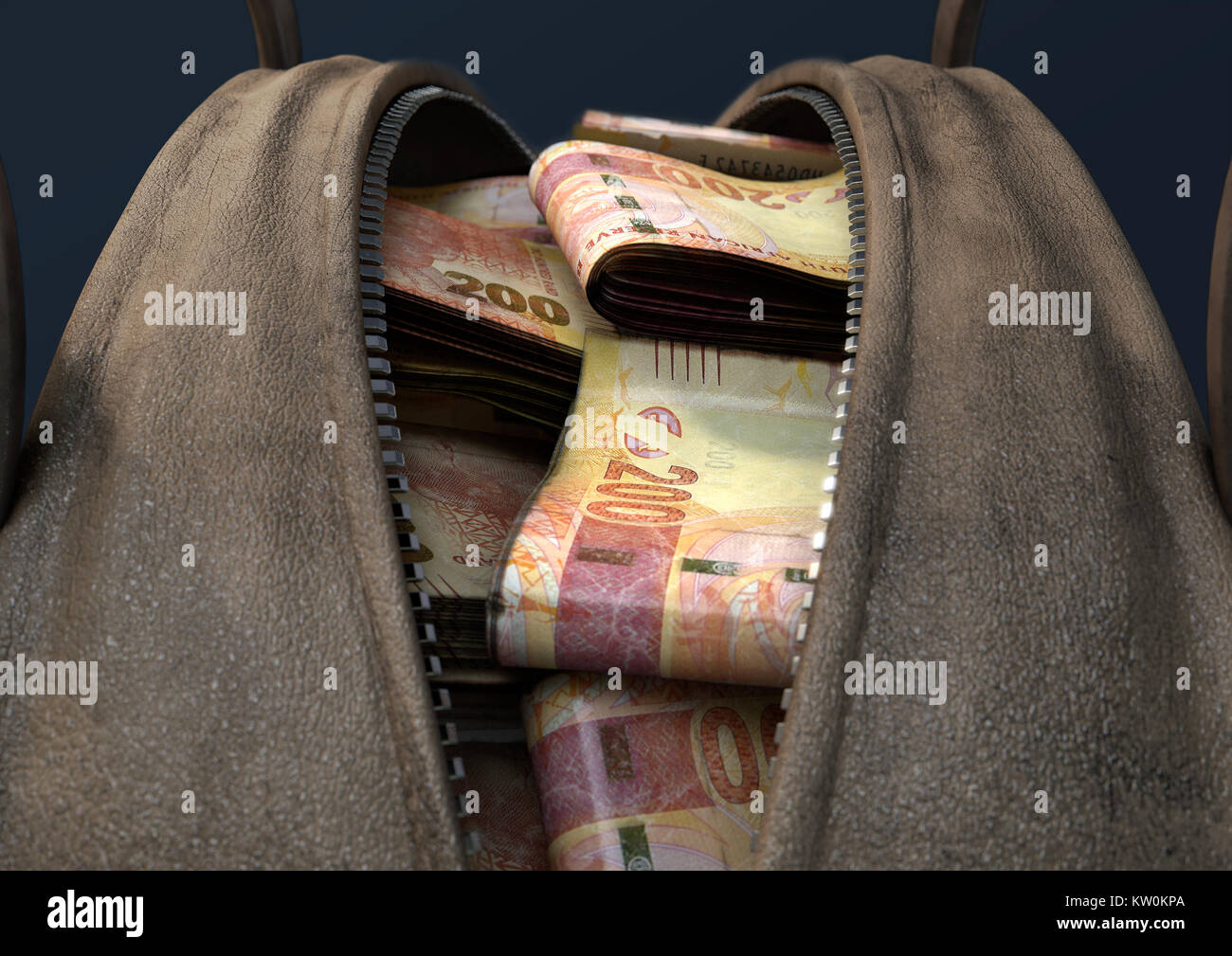 A Concept Depicting An Open Brown Leather Duffel Bag Revealing Bundles Of  Illicit Rolled South African Rand Notes - 3D Render Stock Photo, Picture  and Royalty Free Image. Image 92544620.