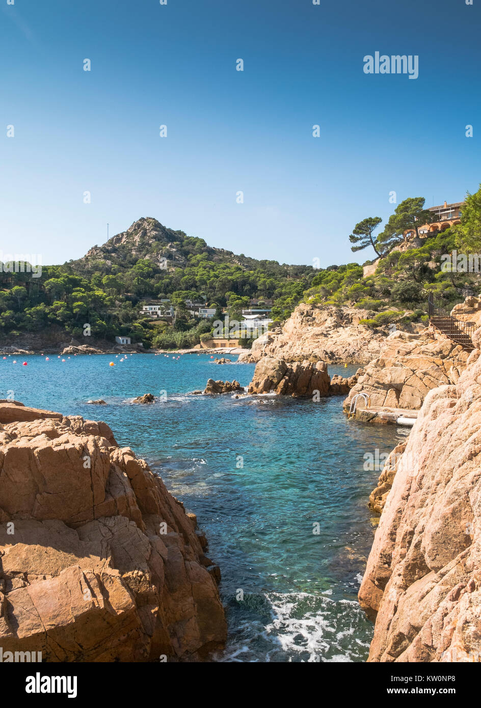 View of part of the rugged coast of the Costa Brava, at Aigua Blava, in Spain Stock Photo
