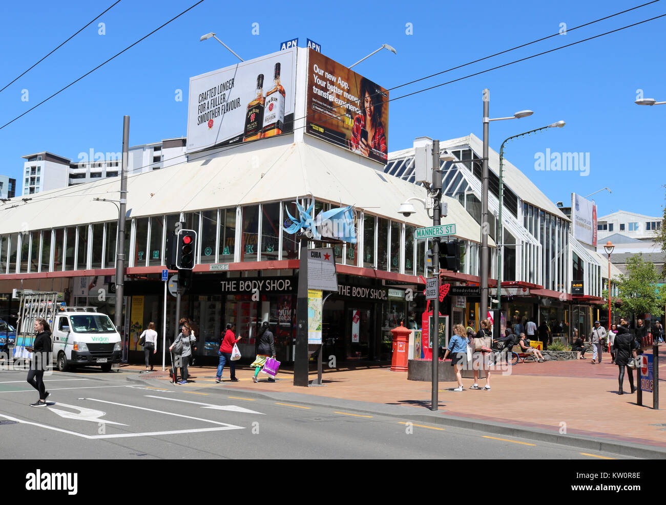 View across Manners Street in the center of Wellington, New Zealand and looking up