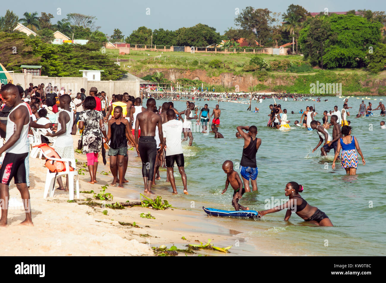 People on Lido Beach on Lake Victoria, Entebbe, Wakiso, Uganda Stock