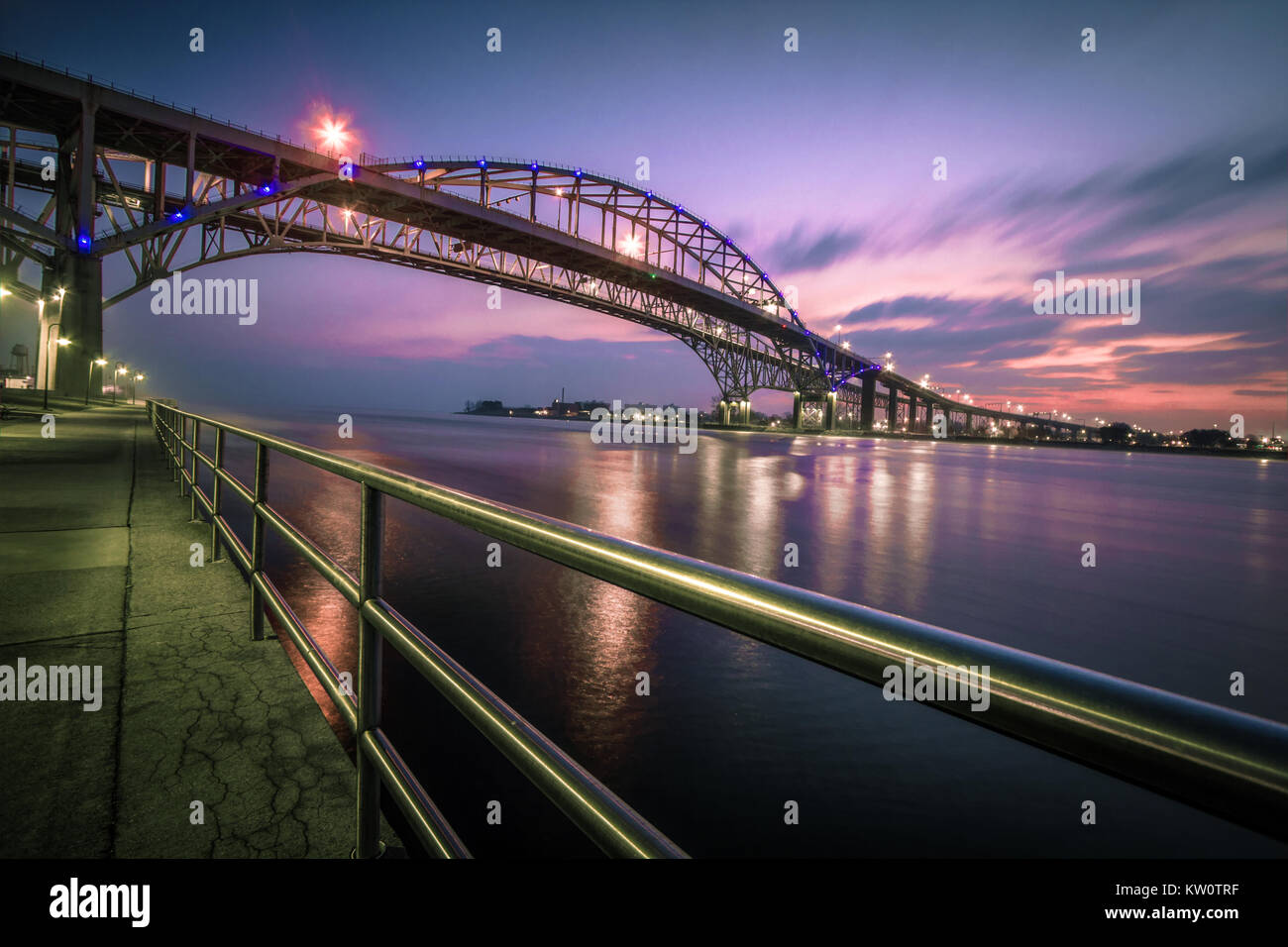 Blue Water Bridge Panorama. The waterfront district of Port Huron, Michigan with the Blue Water Bridge. The Bridge connects the USA and Canada. Stock Photo