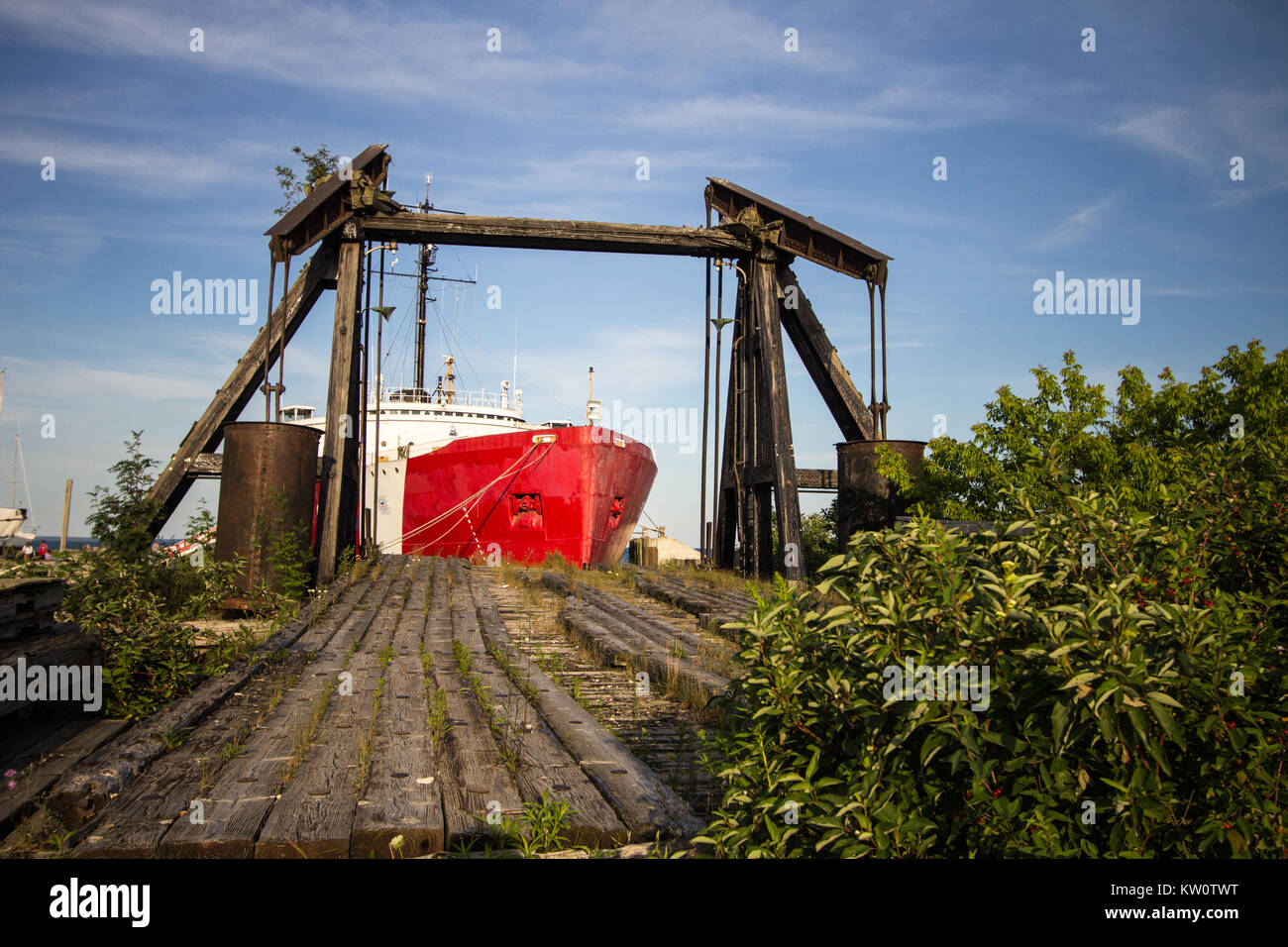 United States Coast Guard Ship. The US Coast Guard icebreaker Mackinaw is retired ship that now operates as a museum in Mackinaw City, Michigan. Stock Photo