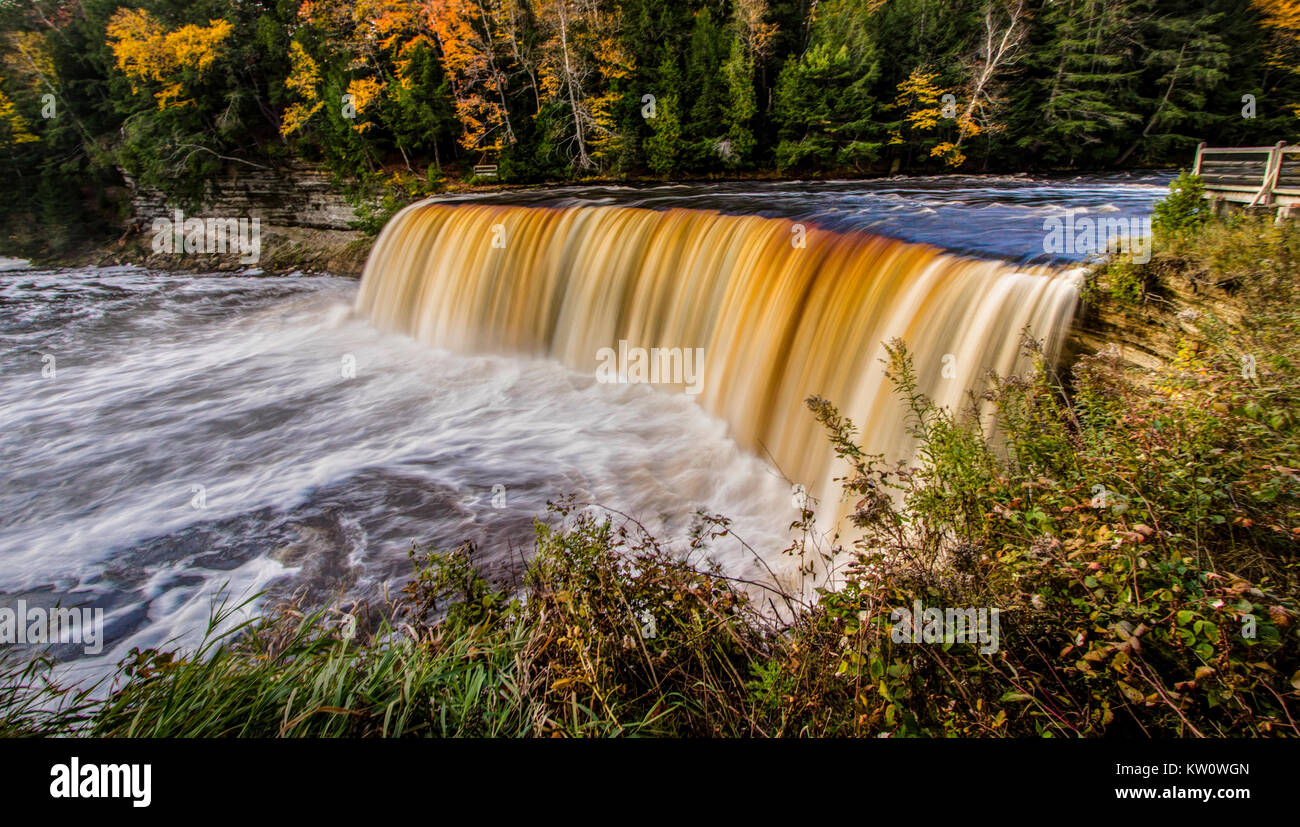 Scenic Michigan Autumn Waterfall Panorama. Upper Tahquamenon Falls in the Upper Peninsula in Michigan at Tahquamenon Fall State Park. Stock Photo