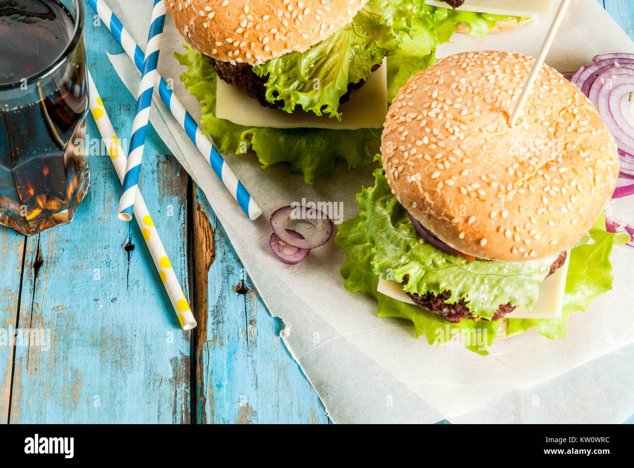 Picnic, Fast food. Unhealthy food. Delicious Fresh Tasty Burgers with ...