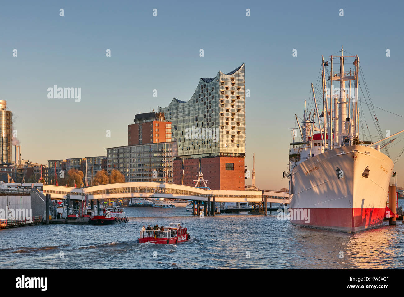 Concert hall Elbphilharmonie and historic cargo ship Cap San Diego at the River Elbe in the harbour of Hamburg, Germany Stock Photo