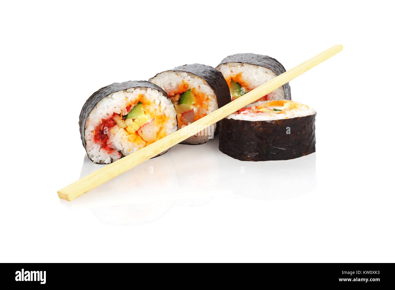 Cut Sushi Rolls and Disposable Chopsticks on White Background Stock Photo