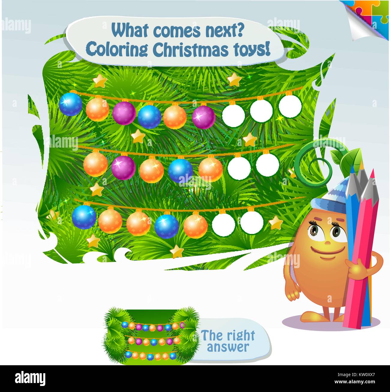 Visual Game for children. Task: what comes next. coloring Christmas toys. Cartoon Vector 