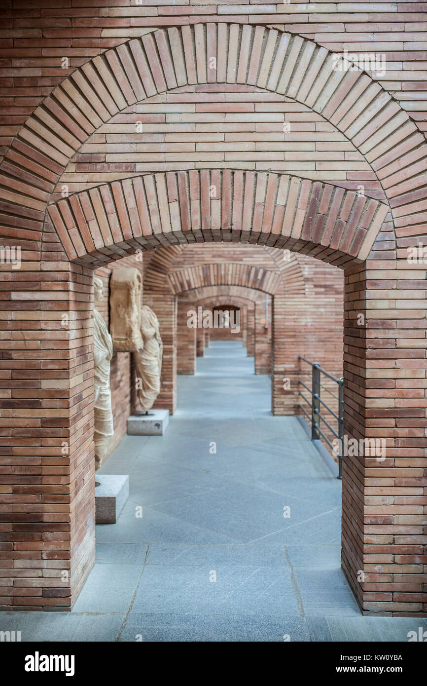 Merida, Spain - December 20th, 2017: National Roman Art Museum in Merida, Spain designed by Rafael Moneo. Side access corridor Stock Photo