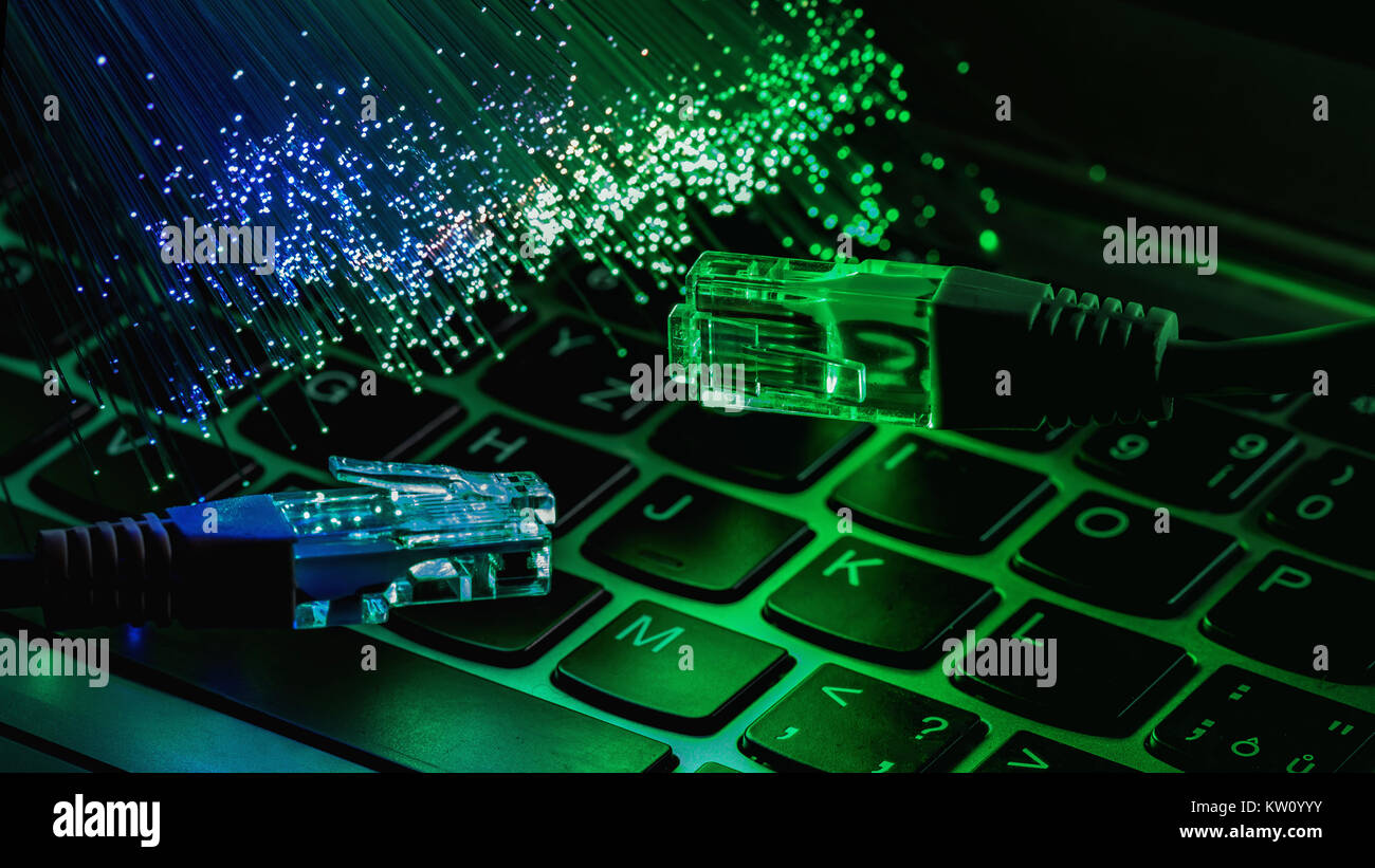 network cable closeup with fiber optical background, color fiber ...