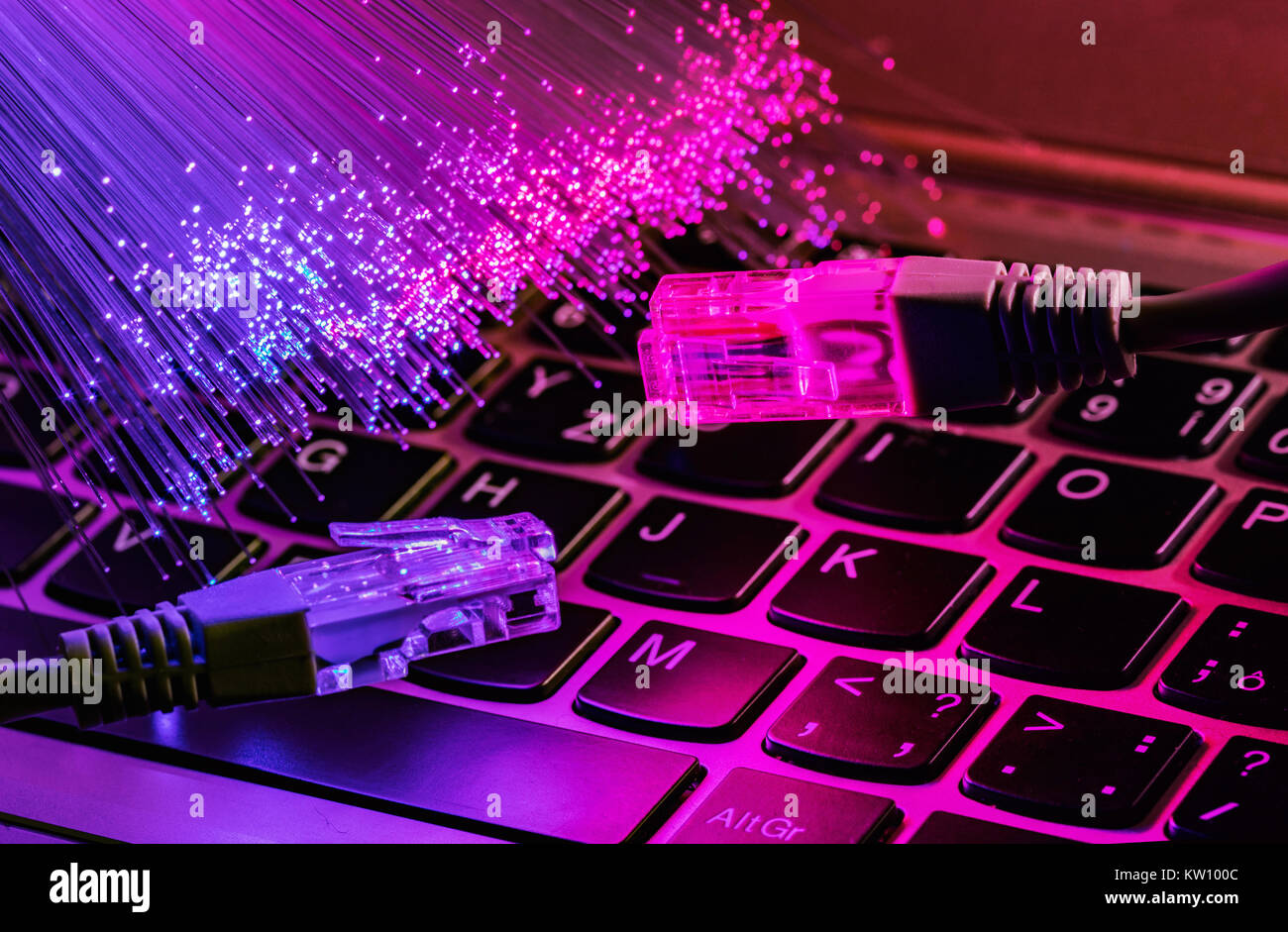 network cable closeup with fiber optical background, color fiber ...