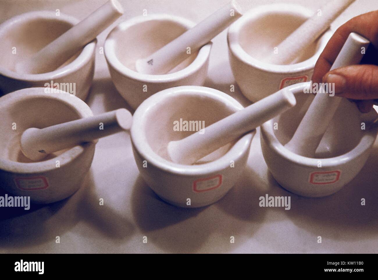 Mortars and pestles used in plague studies, 1965. LabScience, Mortars