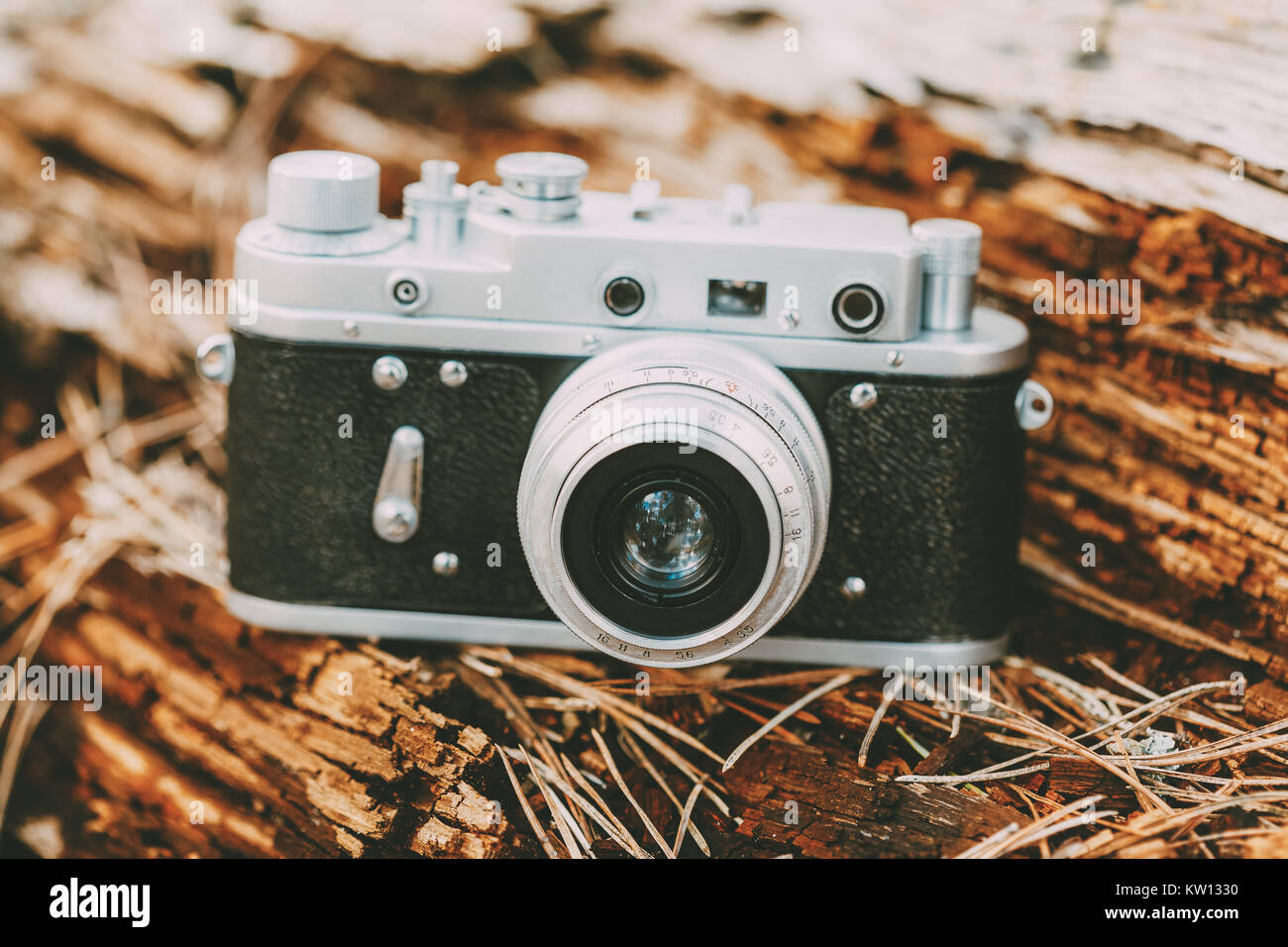 35mm Vintage Old Retro Small-Format Rangefinder Camera On Old Fallen Wood Tree In Forest. Stock Photo