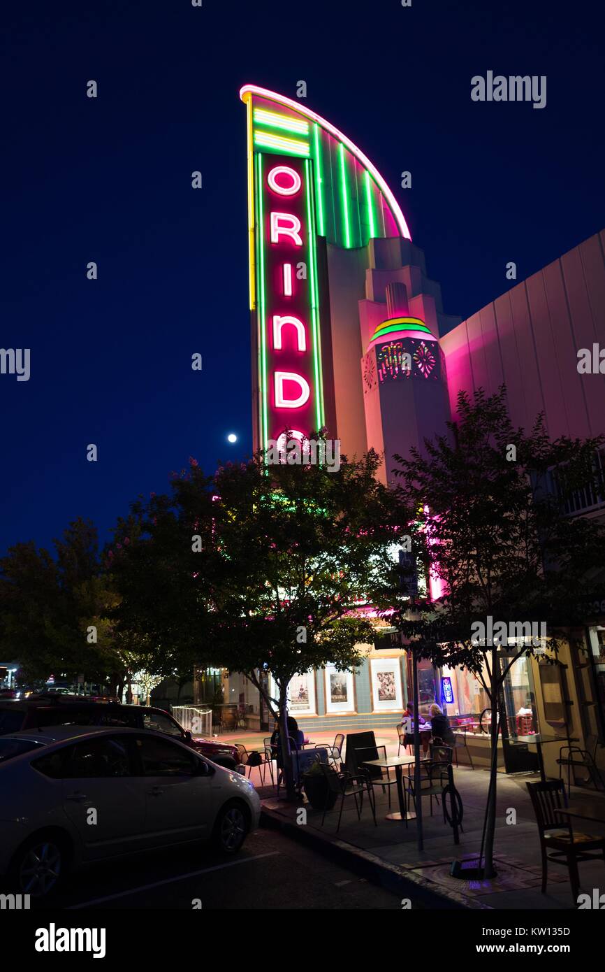 Nighttime image of the marquee for the Orinda Theater, an art-deco style theater which originally opened in 1941 and continues to operate in Orinda, California, 2016. Stock Photo