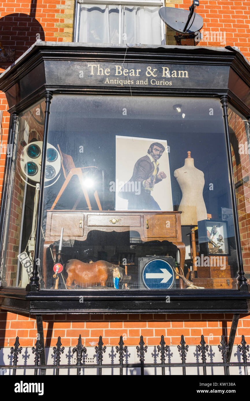 Shop window display of 'The Bear & Ram' Antiques and Curios shop along Old Northam Road, Southampton, England, UK Stock Photo