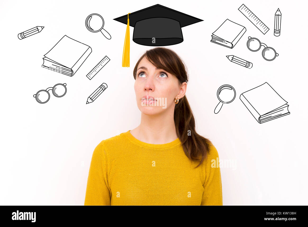 Young beautiful woman is thinking about education at business school. Drawn studying icons and graduation hat. Stock Photo