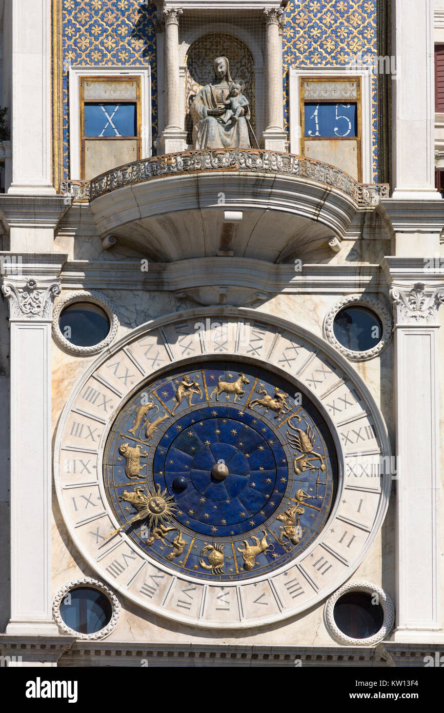 A detail of St Mark's Clocktower showing the clock face, Venice Stock