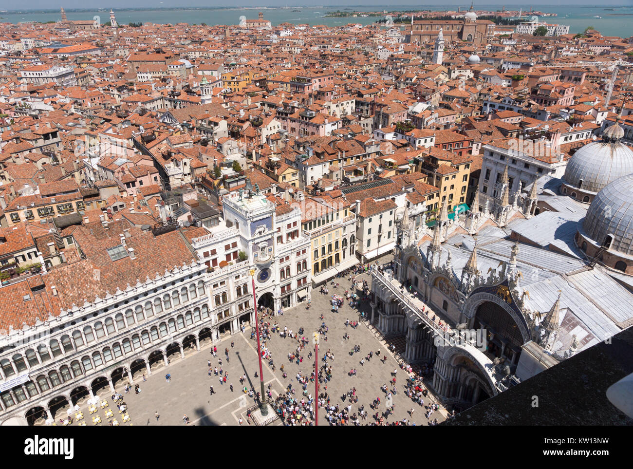 An aerial view of St. Mark's Square and St. Mark's Basilica as seen from the Campanile, Venice Stock Photo