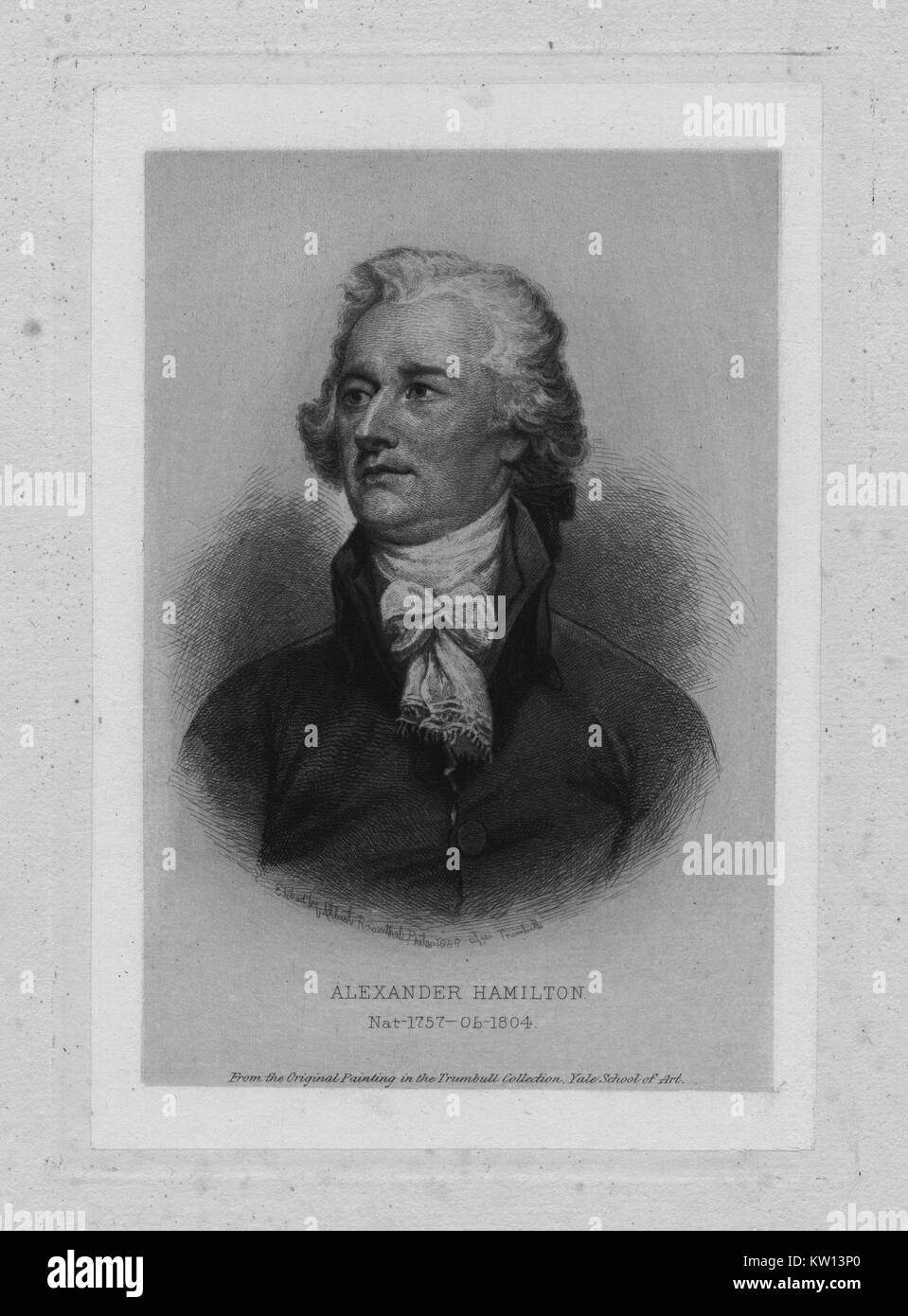 An etching from a portrait of Alexander Hamilton, he was one of the Founding Fathers of the United States of America, served as chief staff aide to George Washington during the American Revolutionary War and was the first United States Secretary of the Treasury, the years of Hamilton's birth and death are featured below his portrait, 1836. From the New York Public Library. Stock Photo