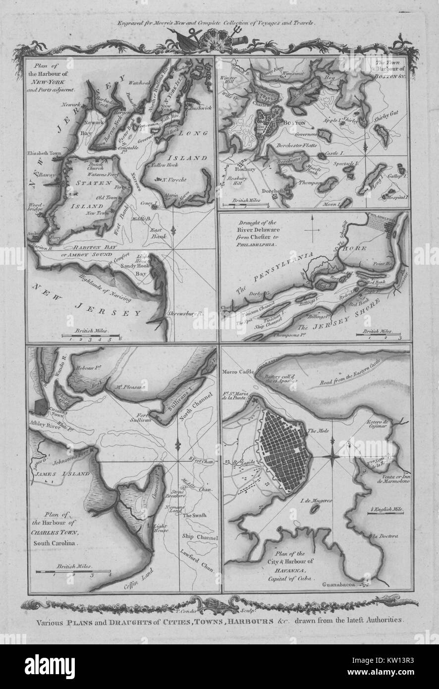An image that consists of five separate drawings, plans appear for the Harbor of New York, Charleston, South Carolina and Havana, Cuba, maps of a section of Boston and a section of the Delaware River are also featured, 1778. From the New York Public Library. Stock Photo