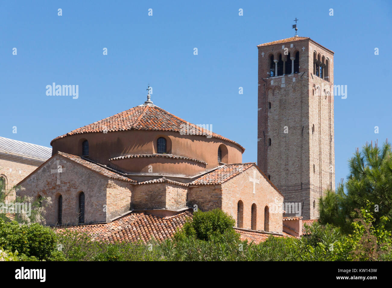 The striking Romanesque Torcello Basilica (Church of Santa Maria Assunta), the oldest building in the Venice lagoon, on the island of Torcello Stock Photo