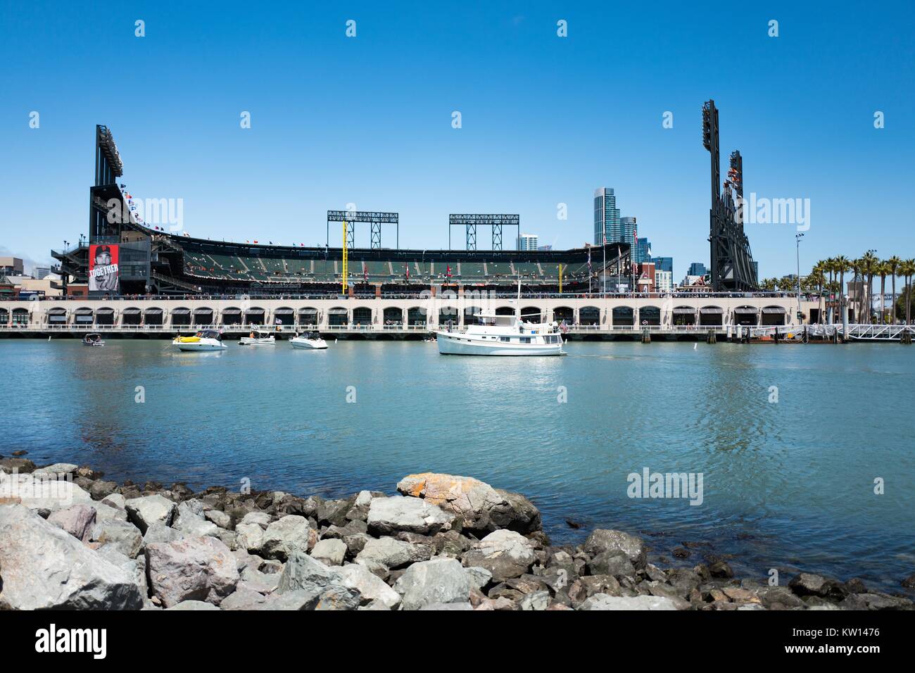 ATT Park baseball stadium, home of the San Francisco Giants baseball team, viewed from across McCovey Cove, San Francisco, California, 2016. Stock Photo