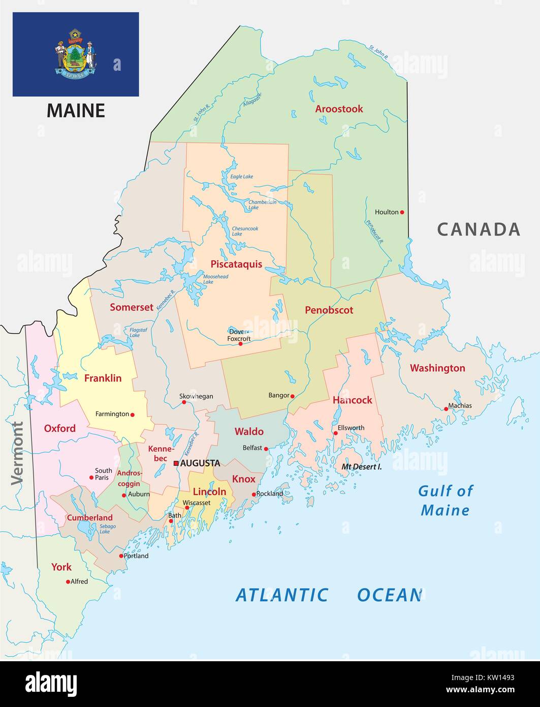 Maine Administrative And Political Vector Map With Flag Stock
