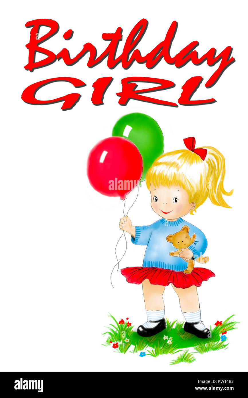Cute Cartoon Girl with balloons standing in the gras Stock Photo