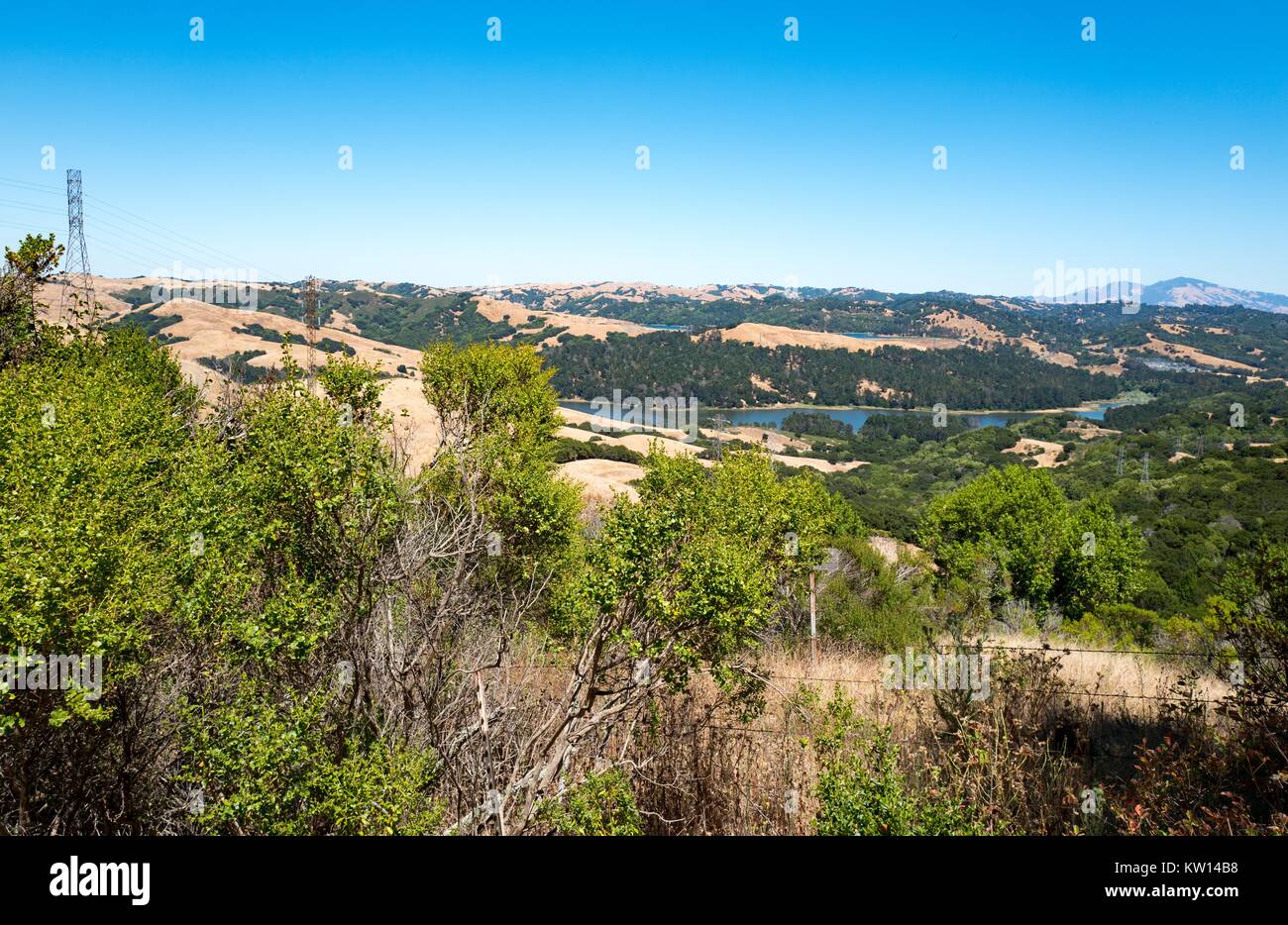 San Pablo Reservoir, the Orinda hills, and Mount Diablo, viewed from Nimitz Way, in Tilden Regional Park, Berkeley, California, July, 2016. Stock Photo