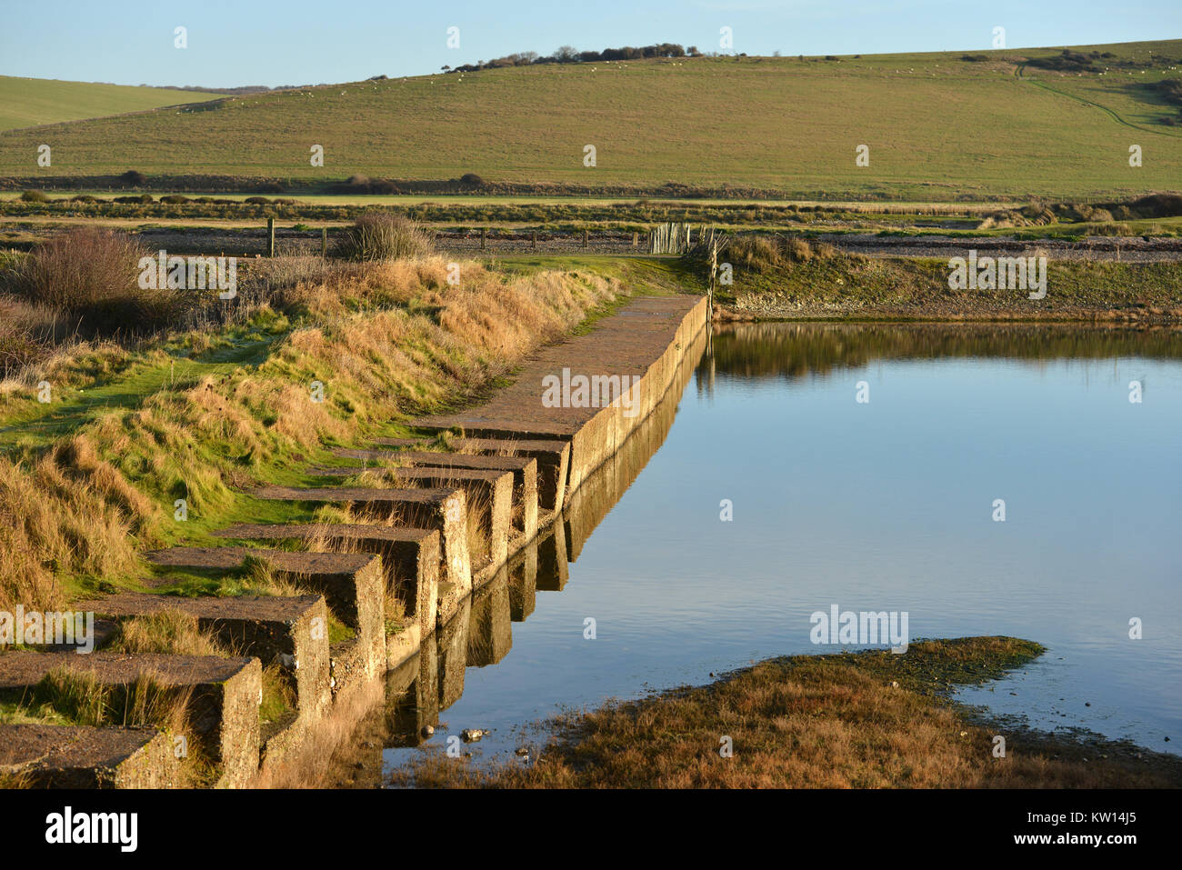 Remains of WWII tank traps - part of the coastal defenses along the south coast at Cuckmere Haven, East Sussex Stock Photo