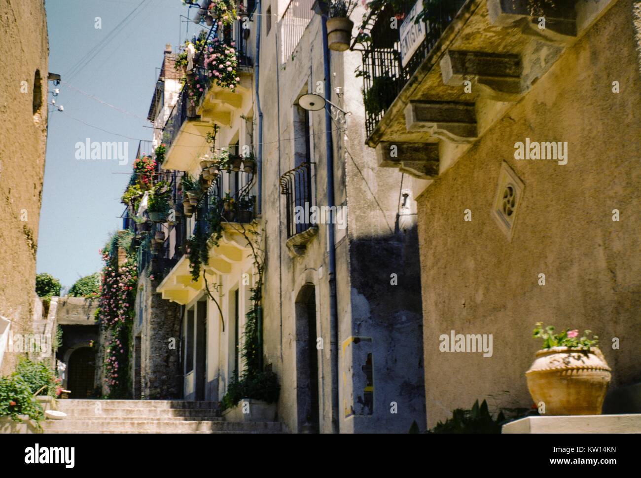 Terraced Italian homes along a small street, with flowers on their ...