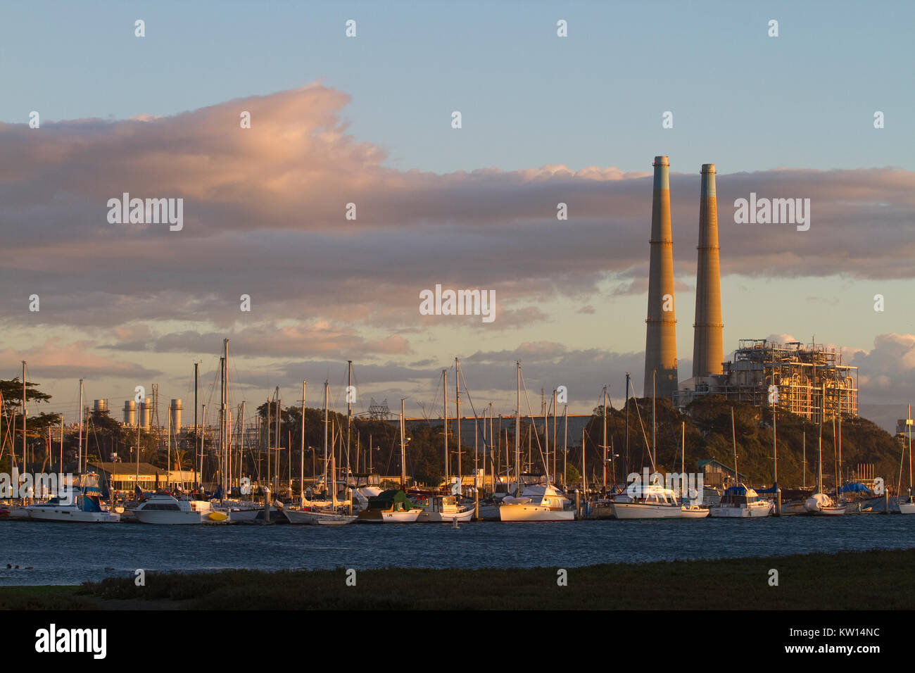 USA, California, Moss Landing Power Plant and boat harbor, the 500 foot