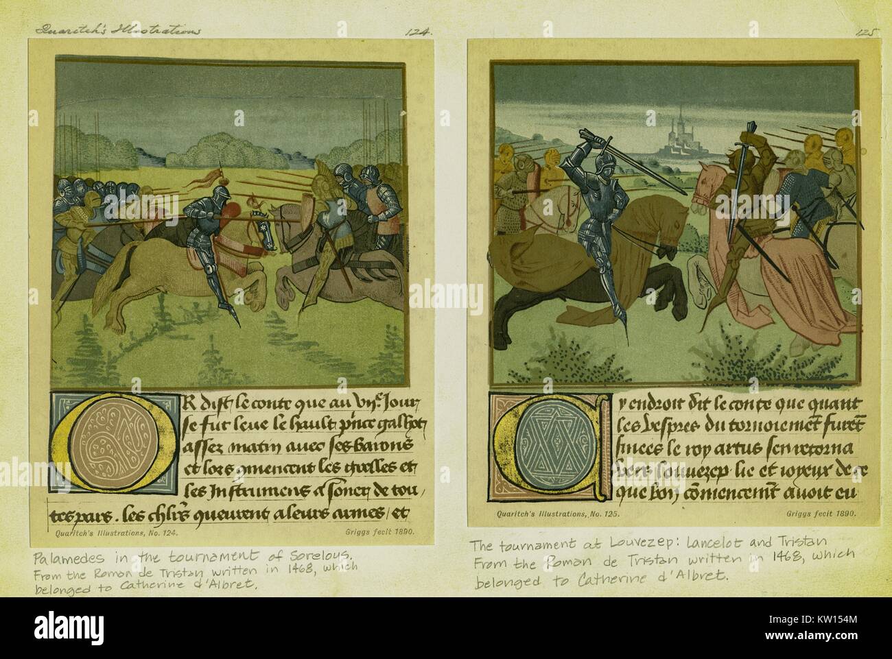 Illustrations of Palamedes in the tournament of Soreloys and Lancelot and Tristan in the tournament at Louvezep, from the Roman de Tristan, 1468. From the New York Public Library. Stock Photo