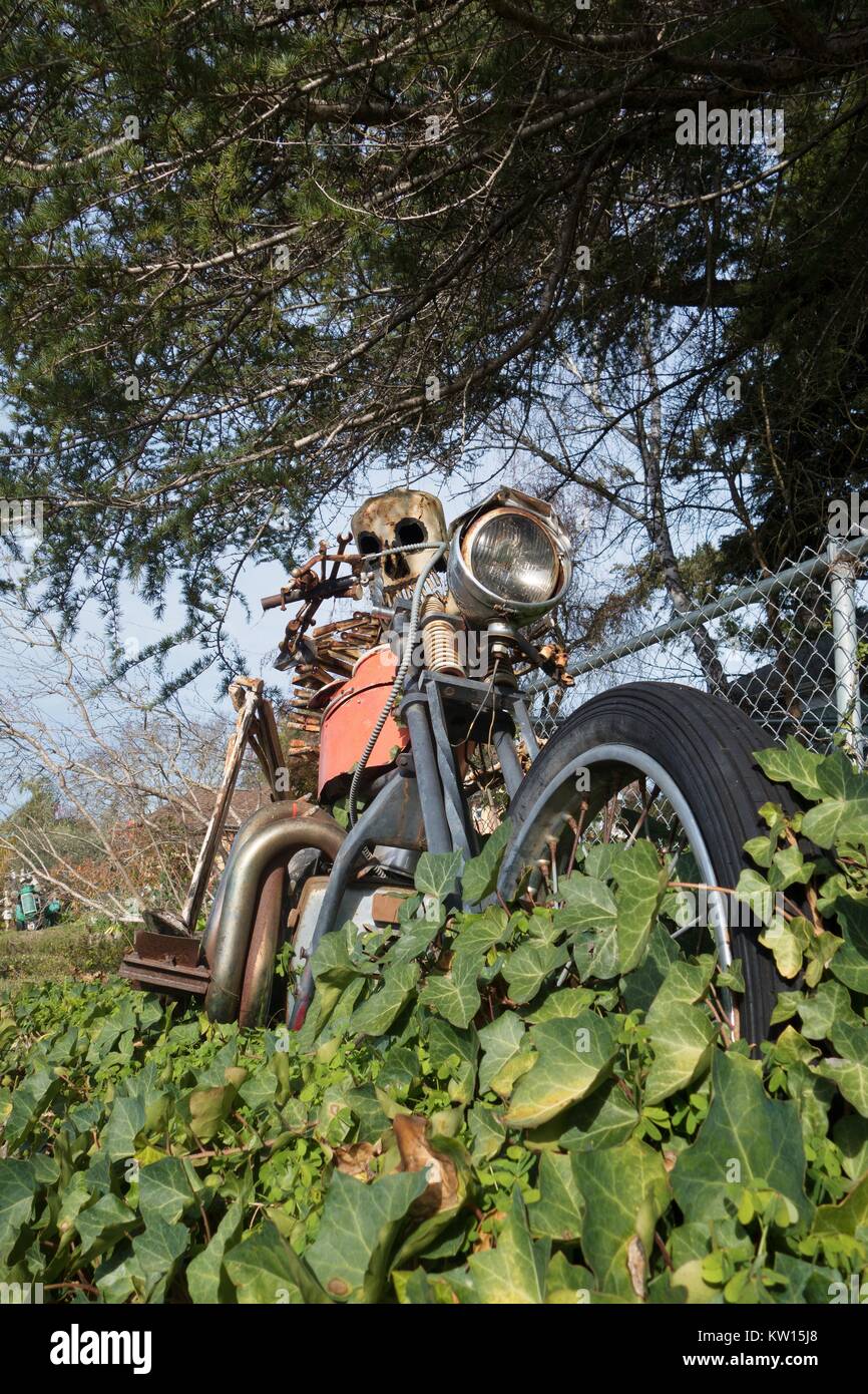 A sculpture of a biker on a chopper, by artist Patrick Amiot, on display on Florence Avenue in Sebastopol, CA, USA. Stock Photo