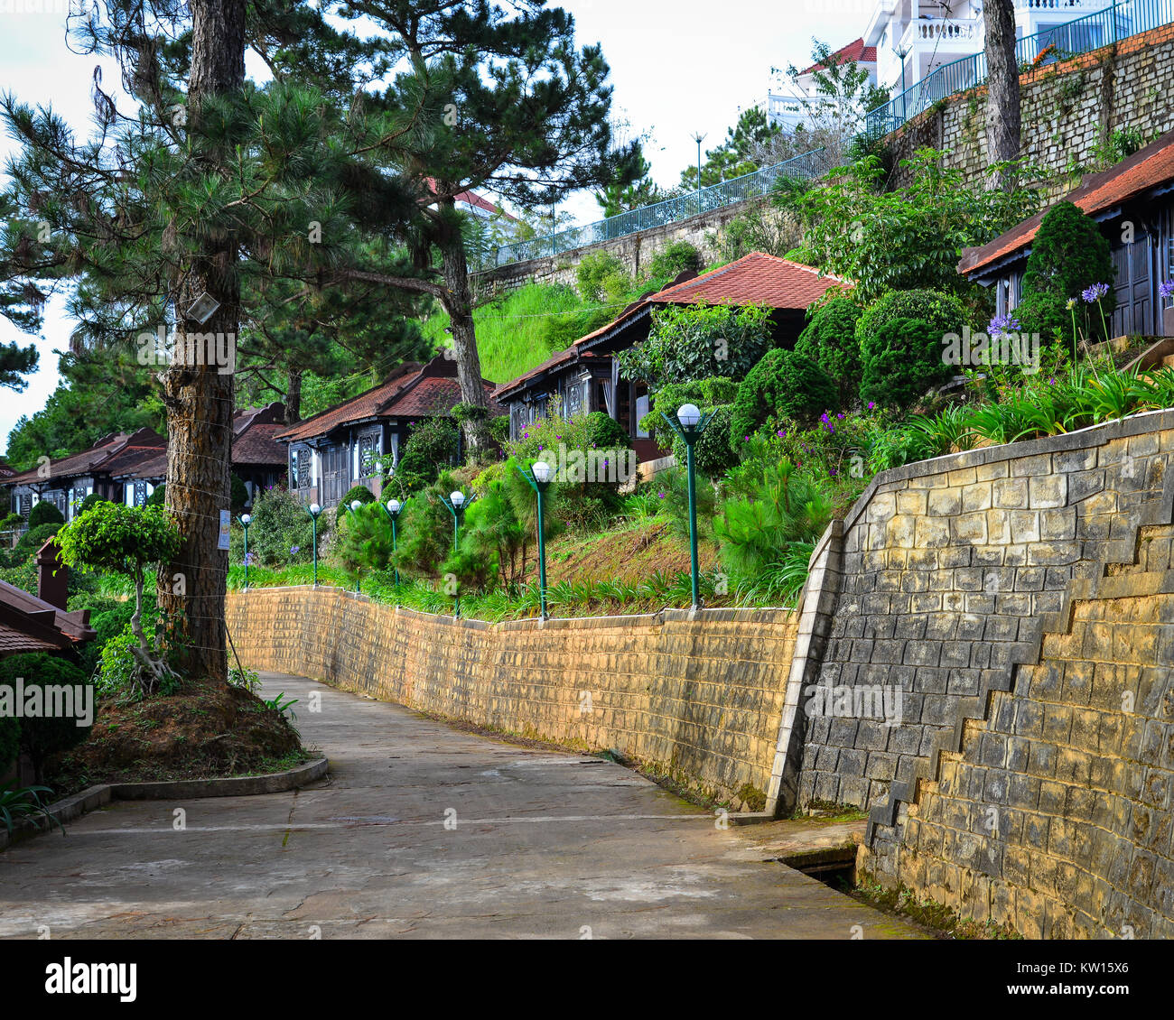 Dalat, Vietnam Nov 25, 2017. Wooden houses of luxury resort in Dalat