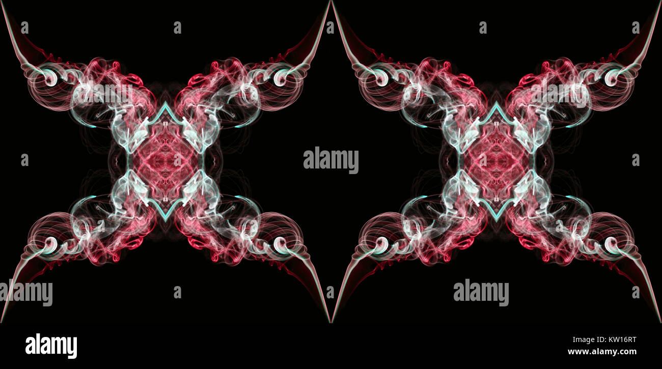 Red and white abstract twisted smoke isolated on black background, formed in circles and rosettes, pattern is in endless loop Stock Photo