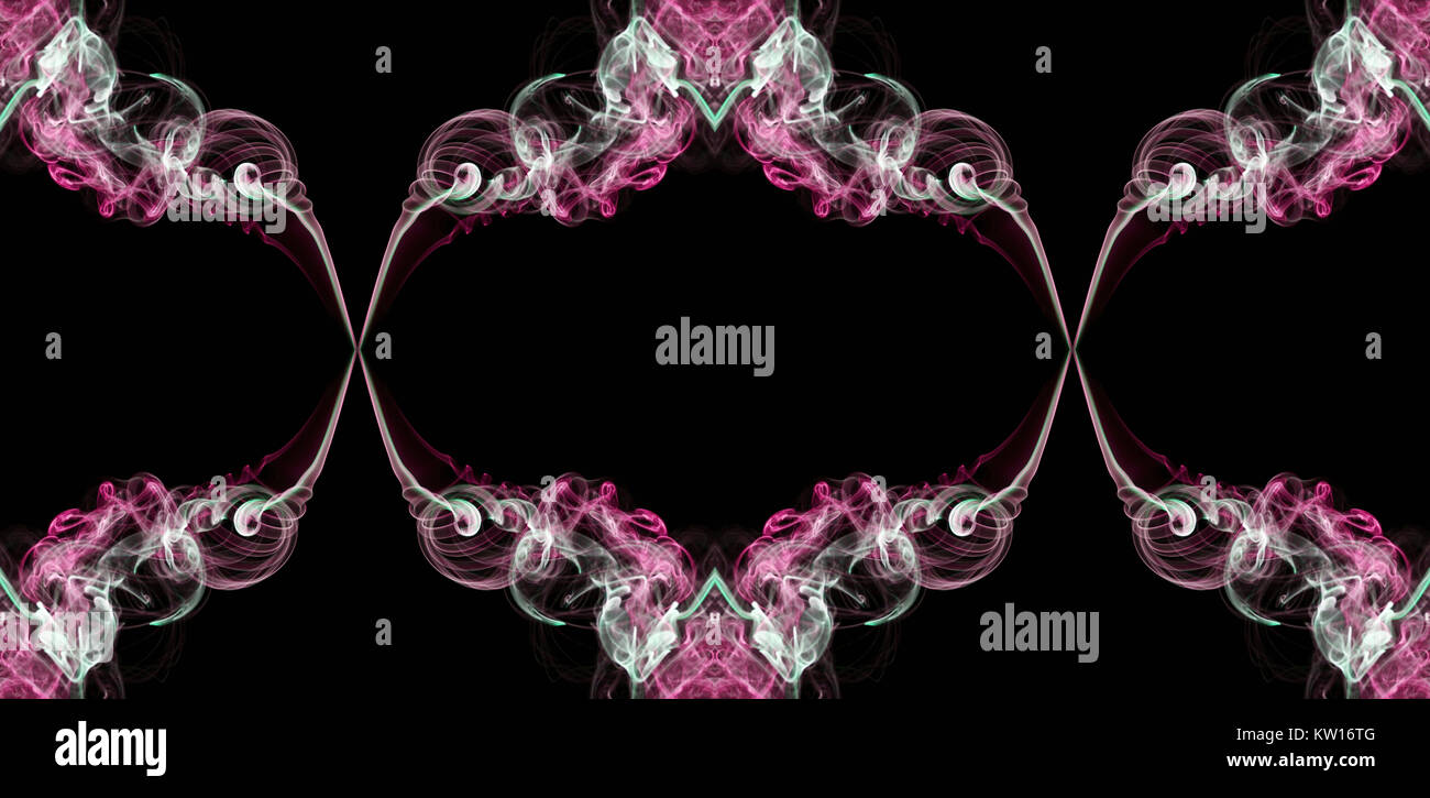 Pink, green and white abstract twisted smoke isolated on black background, formed in circles, projected as an infinity loop Stock Photo