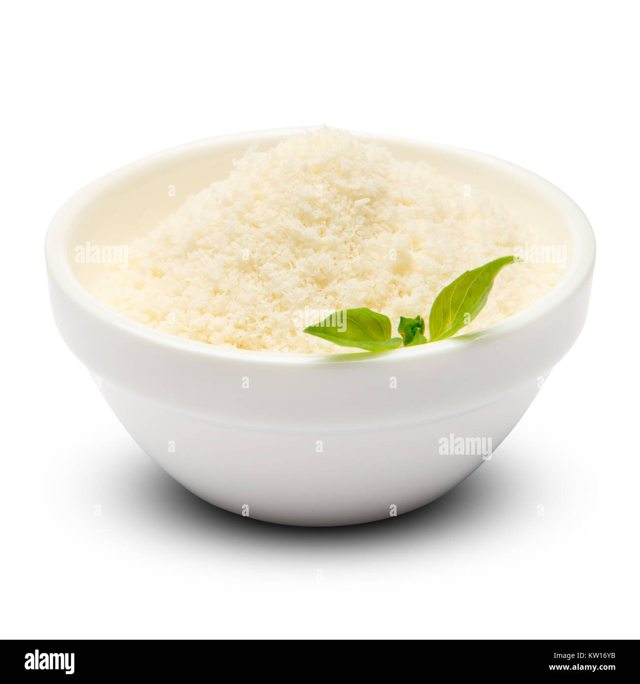 grated Parmesan cheese in ceramic bowl isolated on white background