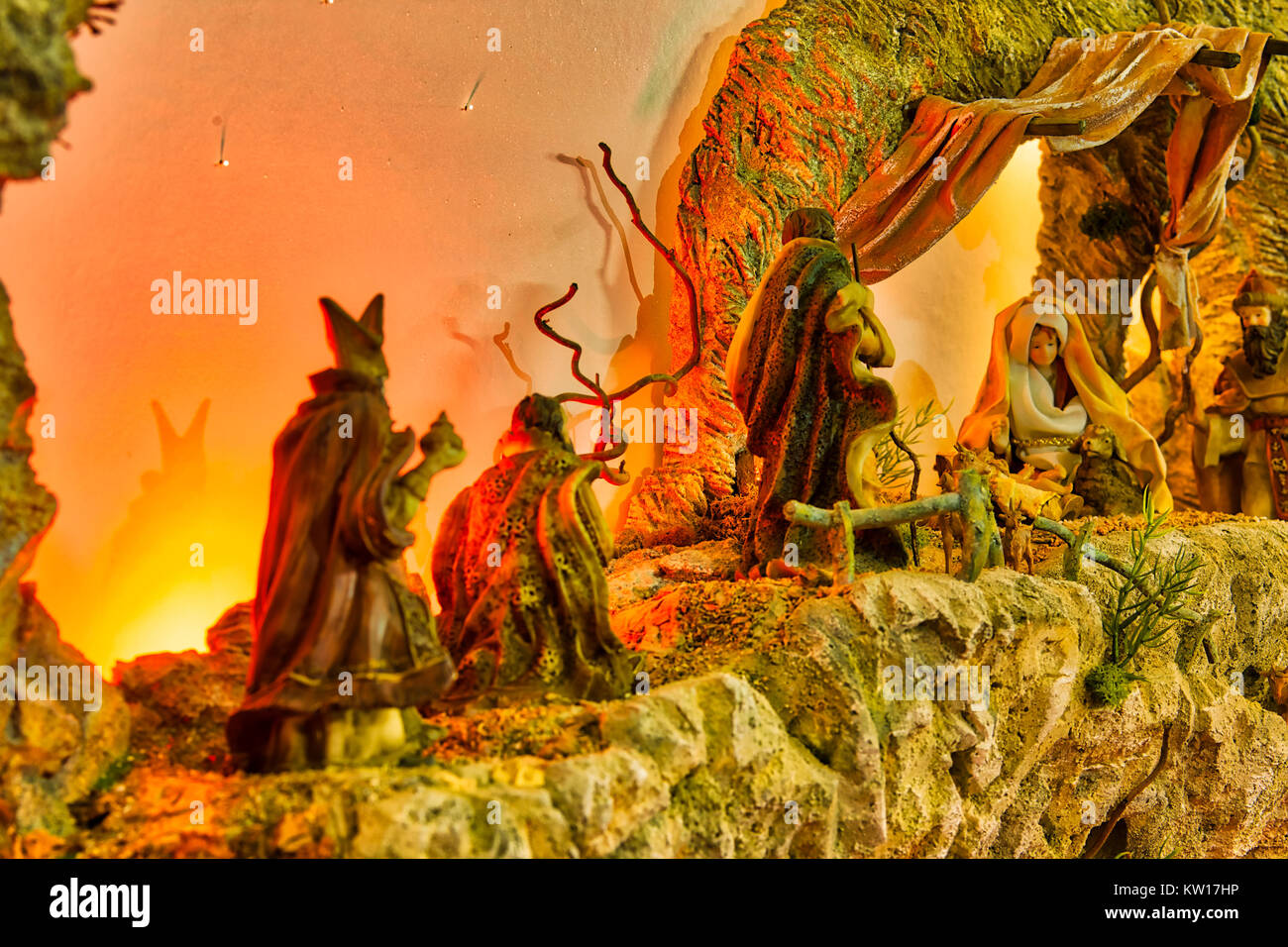 Christmas Nativity scene with The Three Wise Men visiting The Holy ...