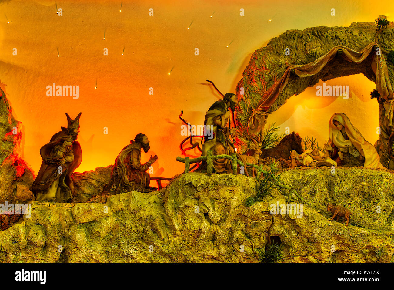 Christmas Nativity scene with The Three Wise Men visiting The Holy ...