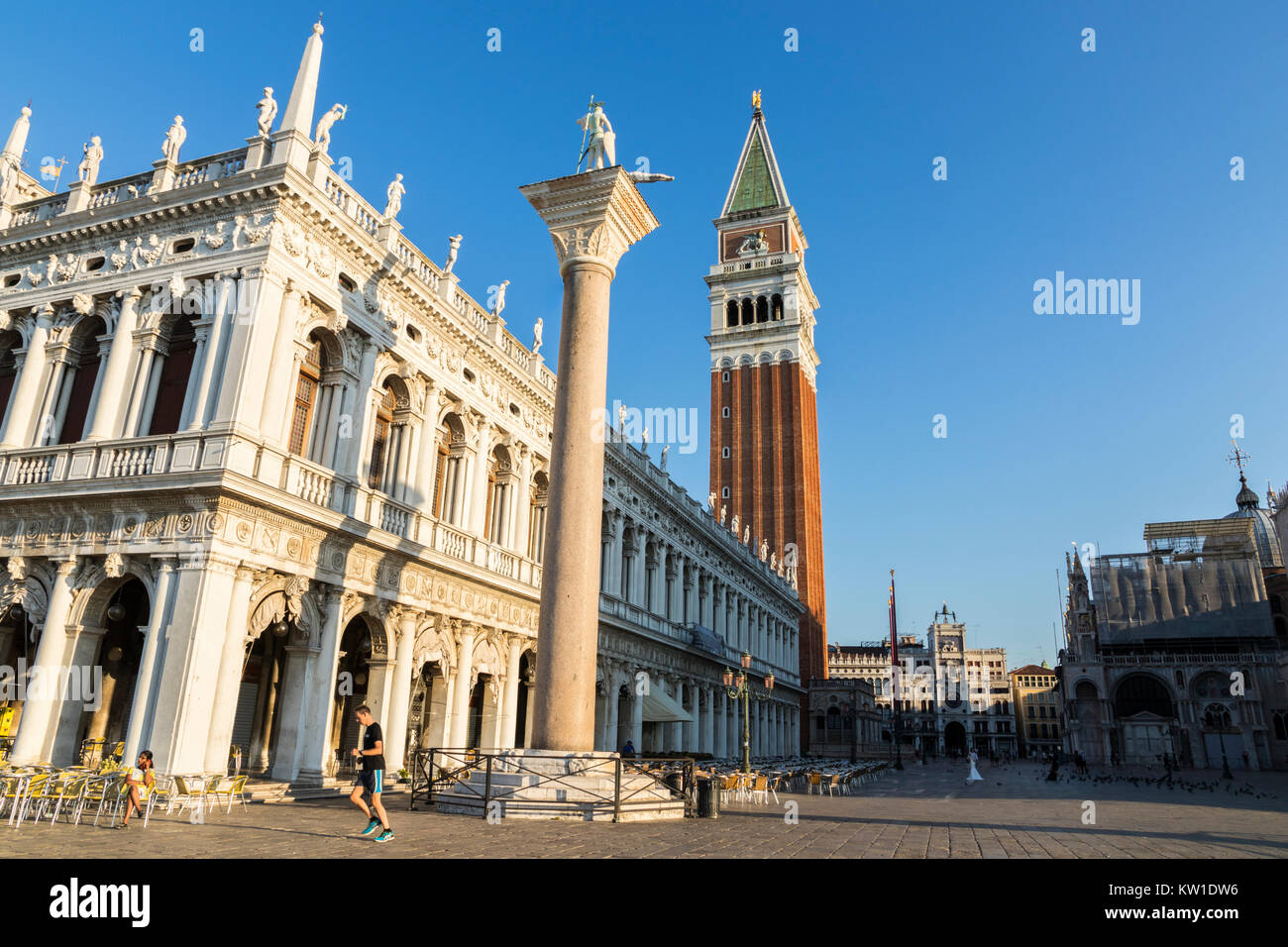 Views of Venice, Italy, with the Biblioteca Nazionale Marciana (National Library of St Mark's), the Campanile di San Marco (St Mark's Campanile) and t Stock Photo