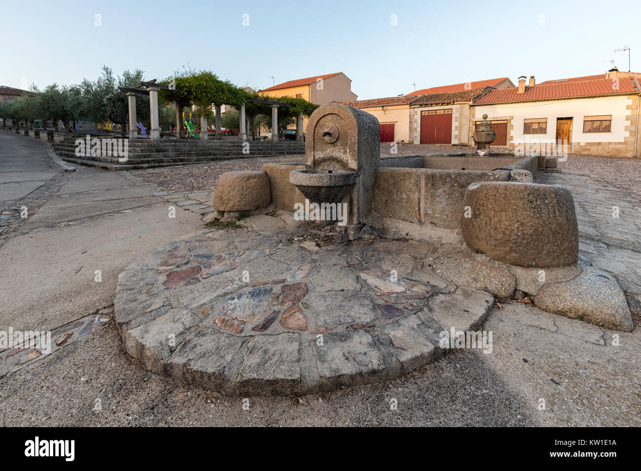 Old fountain with watering trough in San Felices de los Gallegos. Spain. Stock Photo