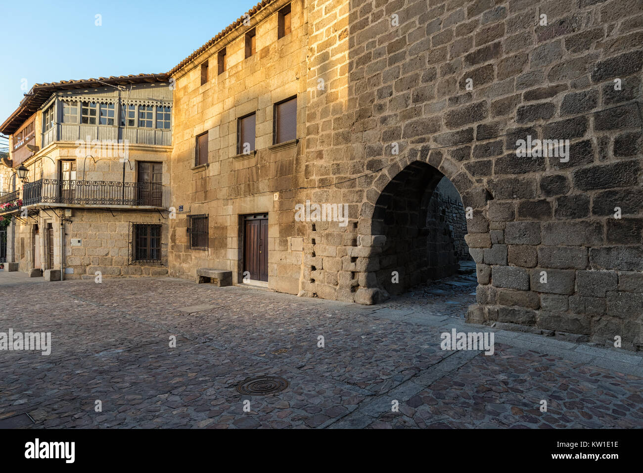 Side of the main square in the historical town of San Felices de los Gallegos. Spain. Stock Photo