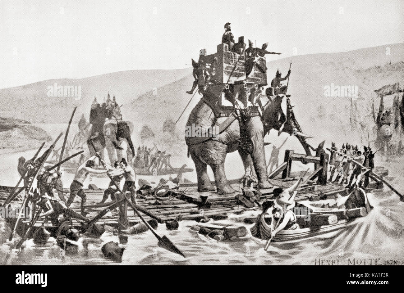 Hannibal's army crossing the Rhône in 218BC, seen here using rafts of wood to float his elephants and soldiers across the river. Hannibal Barca,247 –183/181 BC.  Carthaginian general.   From Hutchinson's History of the Nations, published 1915. Stock Photo